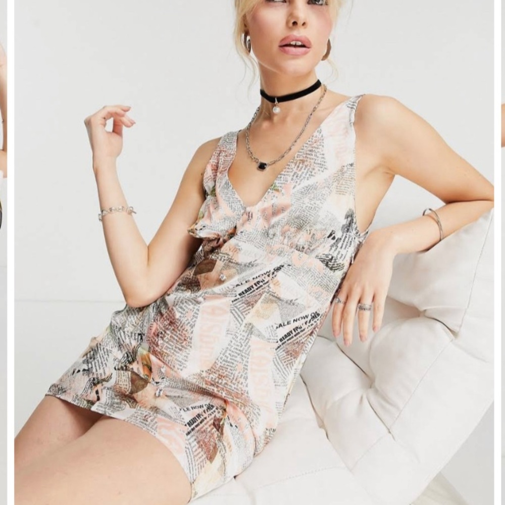 ASOS DESIGN button front satin mini dress in newspaper print
